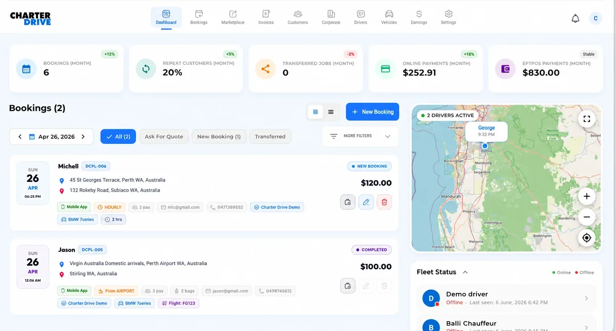 Charter Drive web dashboard showing bookings, live driver map and fleet status