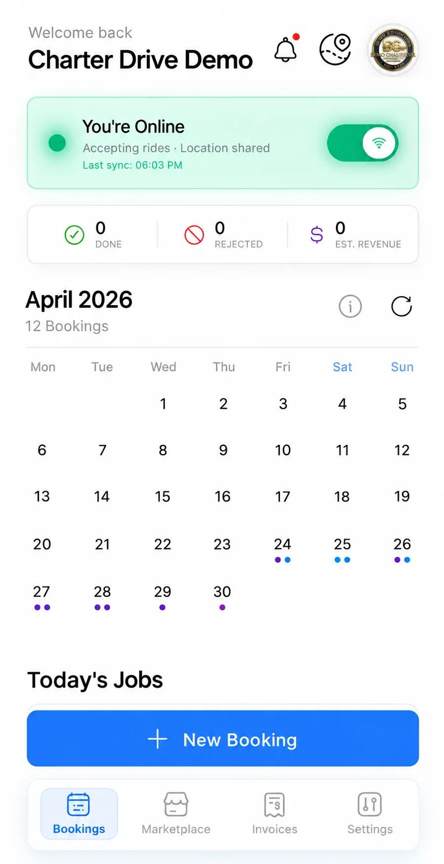 Charter Drive mobile app home screen with online status and booking calendar